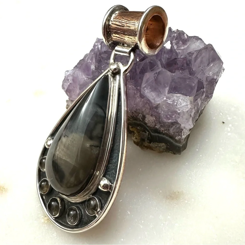 Jay King Sterling Silver & Copper Teardrop Agate with Smokey Quartz Pendant